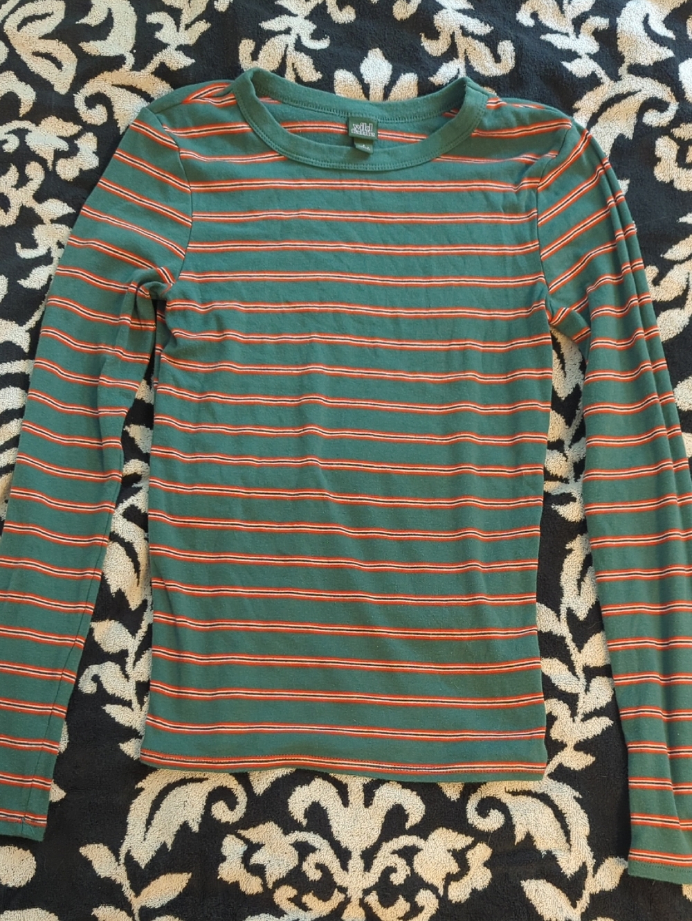 wild fable Long Sleeve Kelly Green & Orange & White Stripe Stretch Tee